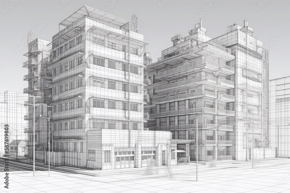 Poster modern glass skyscraper with multiple levels and unique architectural features. generative ai
