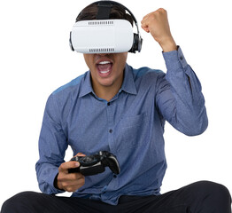 Businessman using VR glasses while playing video game