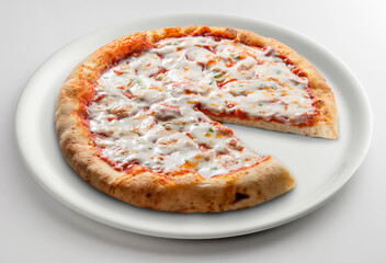Classic round pizza margherita sliced on white plate