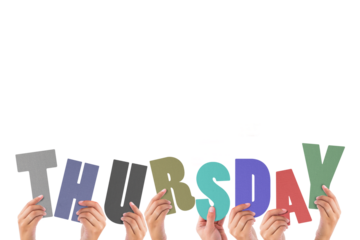 Cropped hands holding colorful alphabets forming thursday