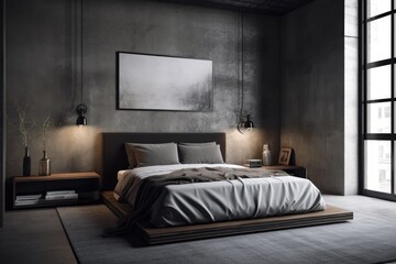 On a grey concrete wall with a dark toned room design and decoration in the loft style. Generative AI