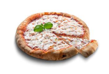 Classic round pizza margherita sliced with basil
