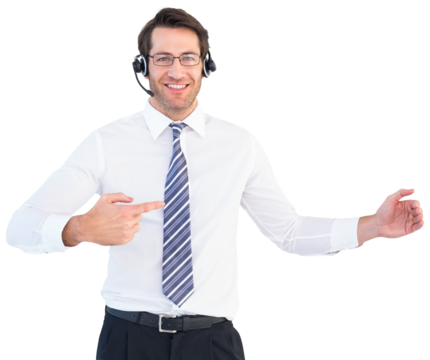 Portrait of call center agent pointing at something