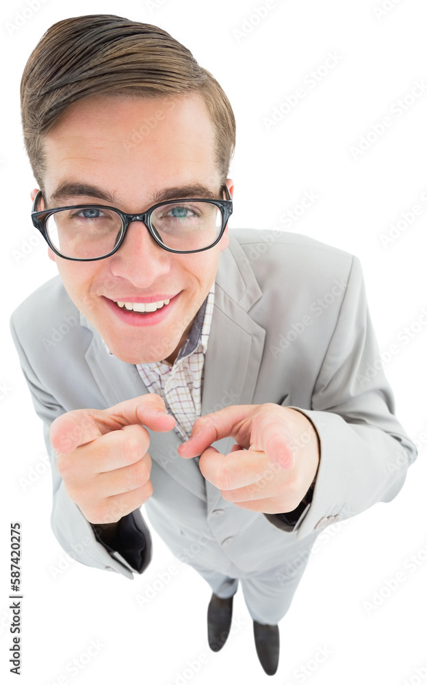 Aufkleber geeky hipster smiling and pointing at camera