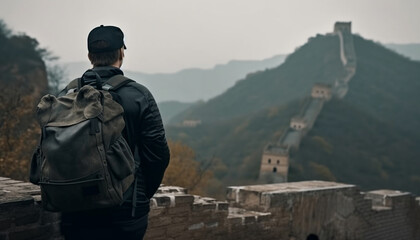 AI image of a backpacker watching over the Chinese wall