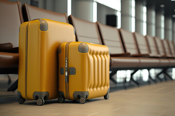 Suitcases at the airport between the lounge chairs. Travel concept. 3D realistic illustration. Creative AI