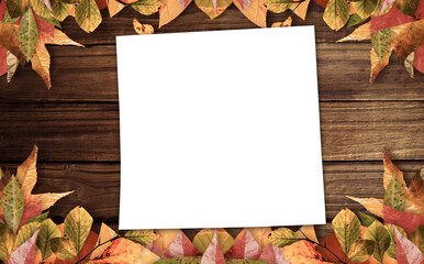 Naklejka na ściany i meble Autumn leaves and blank page on table 