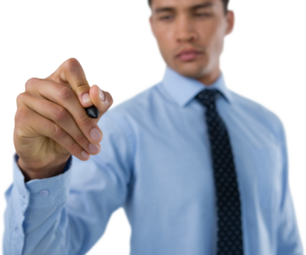 Businessman writing with stylus on interface screen
