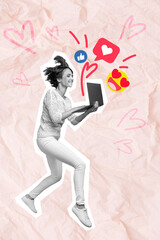 Vertical collage banner of young girl jumping with netbook active popular blogging person feedback from subscribers isolated on pink drawn background