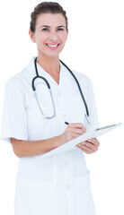 Portrait of smiling female doctor writing on clipboard