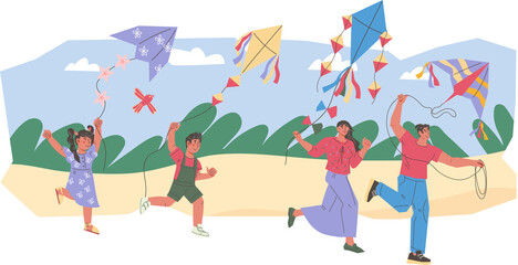 Kids and adults, family run with air kite on the meadow. Summer joint activity and active sport games outdoor for family.