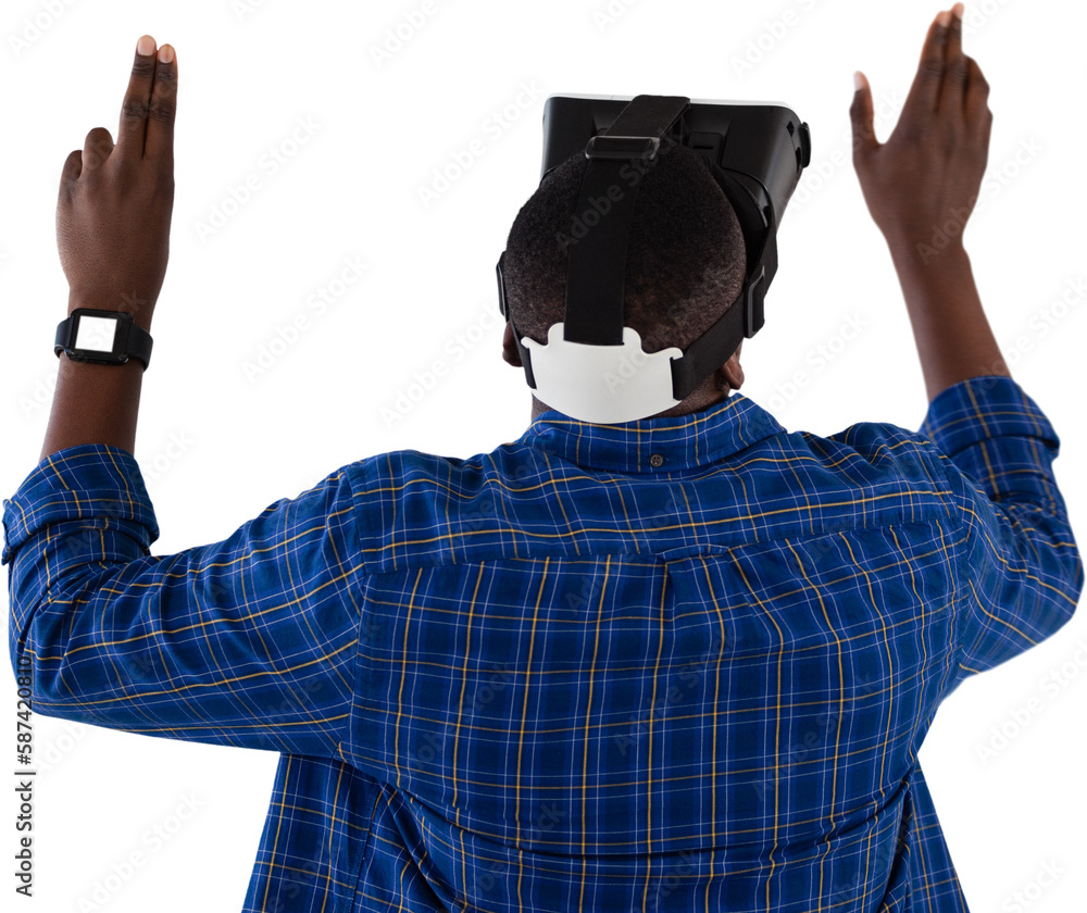 Poster man gesturing while using virtual reality headset