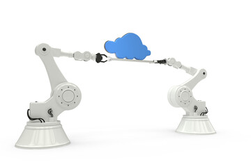 Robotic hands holding blue cloud on white background