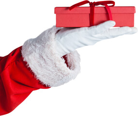 Santa claus holding gift box in hand