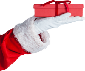Santa claus holding gift box in hand
