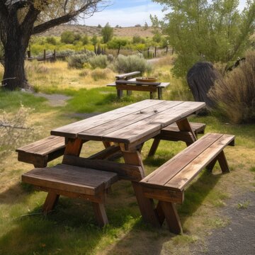 Rustic picnic table in the woods
