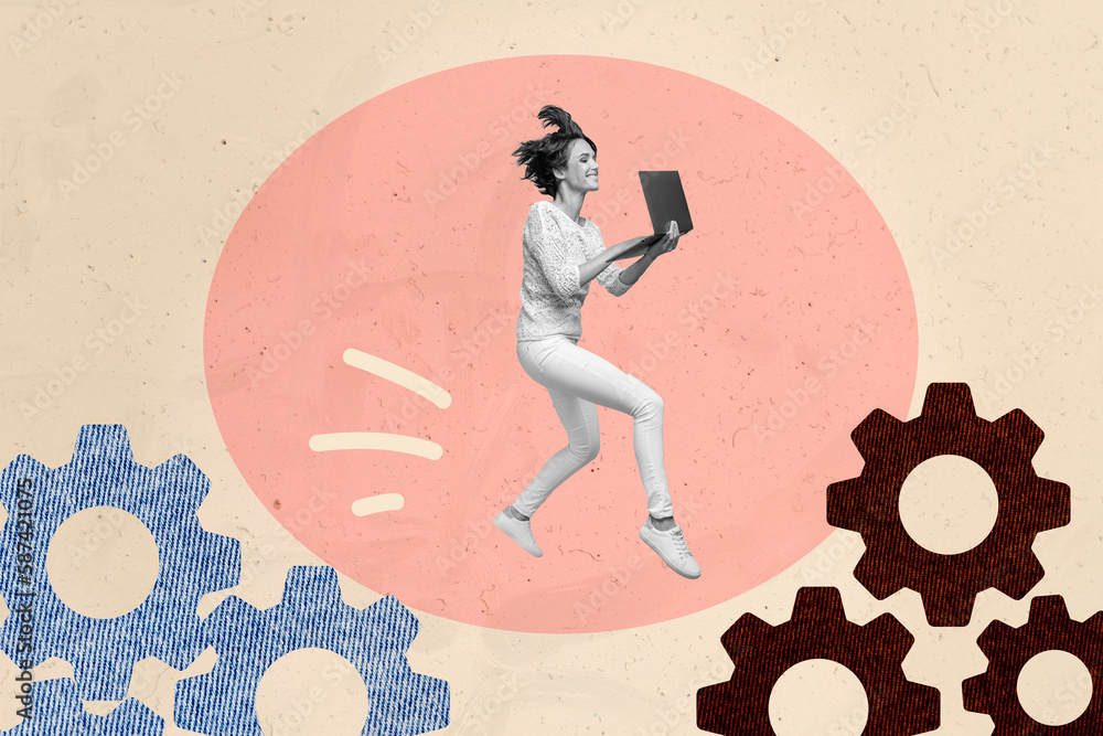 Aufkleber creative photo collage of young programmer young girl it specialist use laptop jump coder new gaming