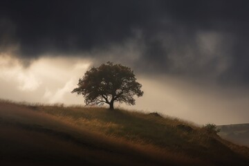 Fototapeta na wymiar a lone tree sitting on top of a hill under a cloudy sky. generative ai