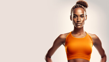 Afroamerikanische Leichtathletin in orangem Outfit vor neutralem Hintergrund, generative KI