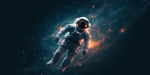 Fototapeta na wymiar Lost in the Vastness: lone astronaut hovering in cosmic distant space. Generative AI