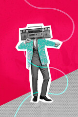 Creative template discotheque collage concept of headless man wear gentleman suit boombox listen...
