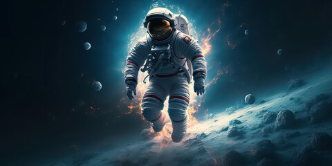 Fototapeta premium Lost in the Vastness: lone astronaut hovering in cosmic distant space. Generative AI