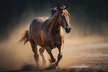 Fototapeta na wymiar a brown horse running through a dirt field with trees in the background. generative ai