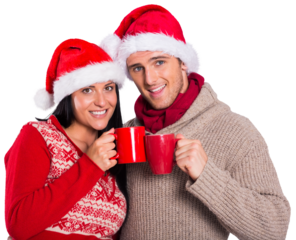 Young festive couple holding mugs