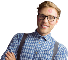 Geeky hipster covered in kisses