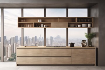 interior modern beige floor contemporary table new residential island window. Generative AI.