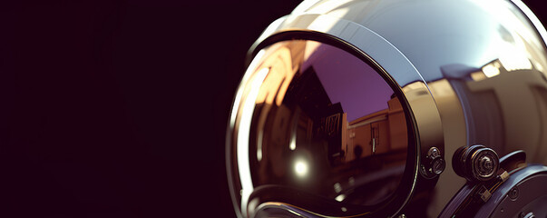 Detail of an astronaut helmet with shiny glass and metal surface reflections - Generative AI