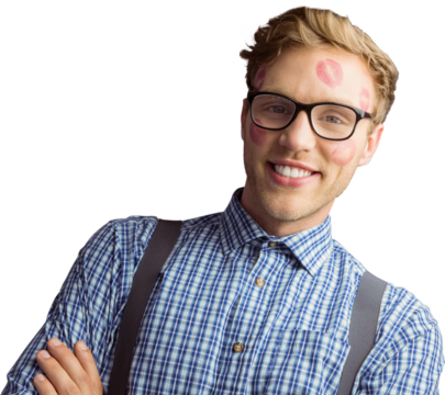 Geeky hipster covered in kisses