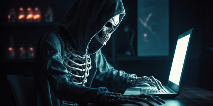 Anonymous Skeleton Hacker in the Dark: An eerie image of a skeleton hacker wearing a hood, sitting next to a computer, in a dark and mysterious setting. Generative AI
