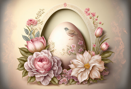 A Beautiful Easter style background with a decorated egg and flowers. Created with Generative AI.