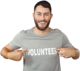 Man showing volunteer text on tshirt 