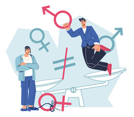 Social inequality and the gender gap in wages and careers between men and women flat cartoon vector illustration isolated on white background.