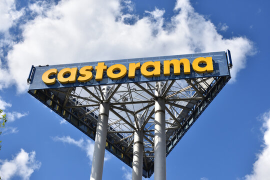 Castorama signage, logo on the roof of French retail hypermarket of building materials, tools and supplies. WARSAW, POLAND - MAY 22, 2020