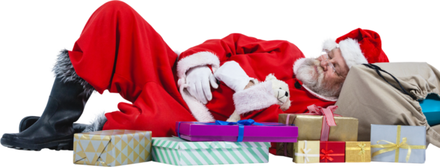 Santa Claus resting beside Christmas gifts