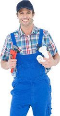 Plumber holding monkey wrench and sink pipe