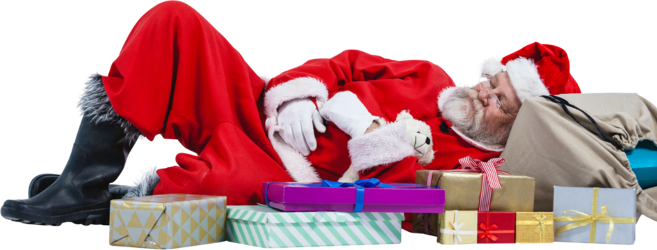 Santa Claus resting beside Christmas gifts