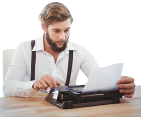 Hipster using typewriter at desk in office