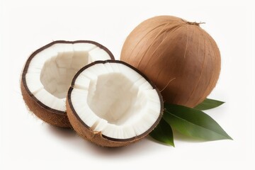 Fototapeta na wymiar Half of coconut with leaves isolated on white background, Generative AI.