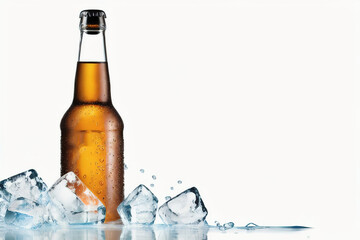 Bottle of beer in ice on a white background, Generative AI.