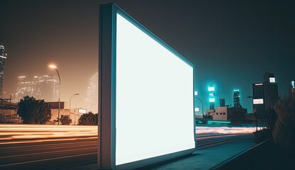 Futuristic city with white blank billboard, night view