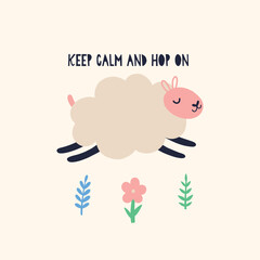 Bouncing sheep over spring flowers. Happy Easter holiday concept for egg hunt design, print, social media, poster, postcard. Modern Flat Style