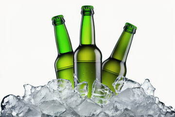Bottle of beer in ice on a white background, Generative AI.