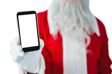Mid-section of Santa Claus holding mobile phone