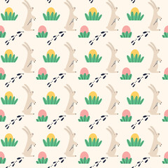 Fototapeta na wymiar Cute hare with Easter egg bush pattern. Spring seamless background for print, textile, wrapping paper, fabric. Flat surface design