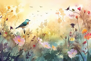 Obraz na płótnie Canvas A serene meadow with colorful blossoms and chirping birds impressionist style joyful mood watercolor style, detailed birds. Generated AI.