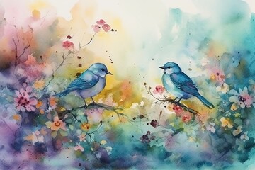 A serene meadow with colorful blossoms and chirping birds impressionist style joyful mood watercolor style, detailed birds. Generated AI.